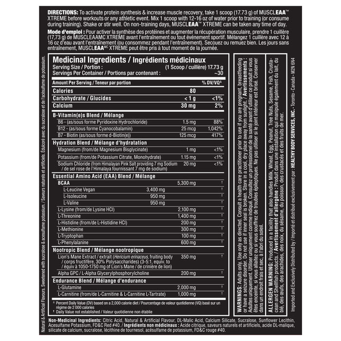 Allmax MusclEAA Xtreme, 30 Servings Cherry Limeade Nutrition Panel - SupplementSource.ca