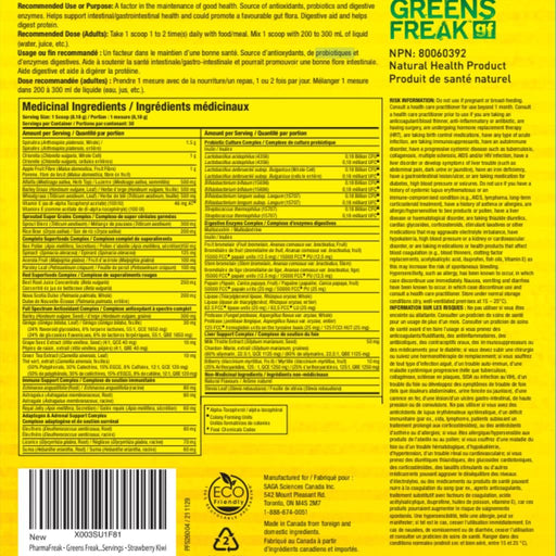 PharmaFreak Greens Freak, 30 Servings Strawberry Kiwi Nutrition Panel - SupplementSource.ca