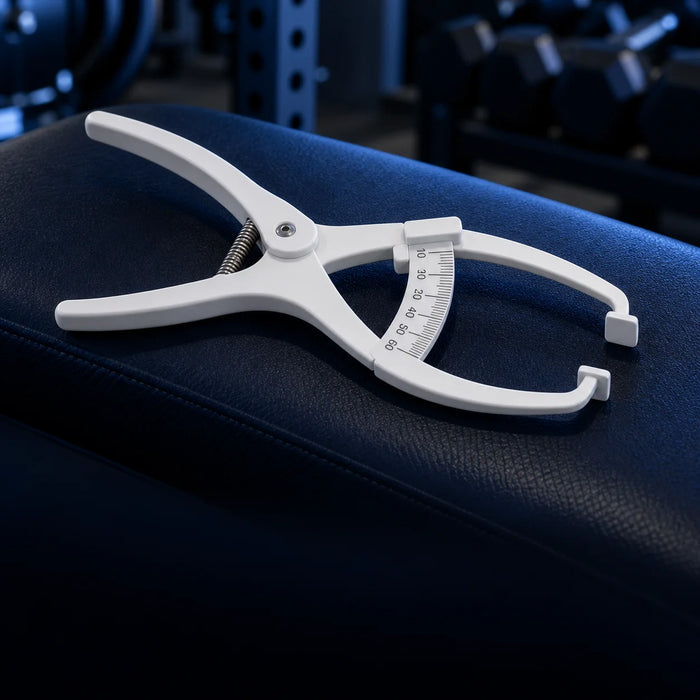 A white skinfold body-fat caliper on a dark gym bench.