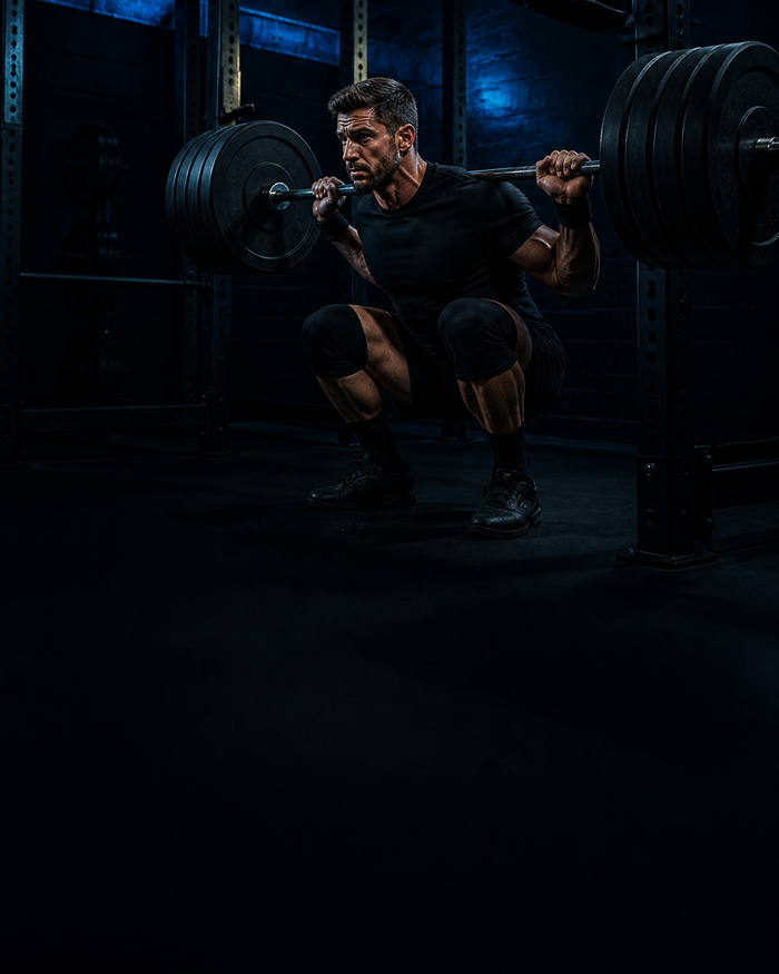 Athlete performing a heavy barbell back squat in a dark blue gym