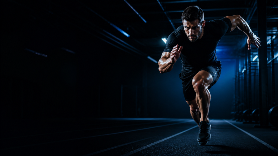 Athlete sprinting in a dark indoor performance facility