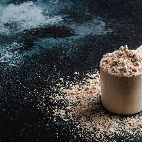 Measuring cup filled with whey protein powder