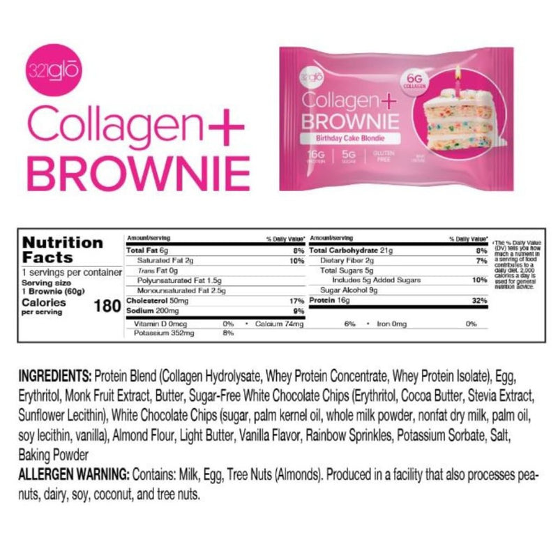 321glo Collagen + Brownie Birthday Cake Blondie Nutrition Panel, 12/Box - SupplementSource.ca