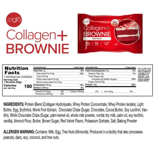 321glo Collagen + Brownie Red Velvet  Nutrition Panel, 12/Box - SupplementSource.ca