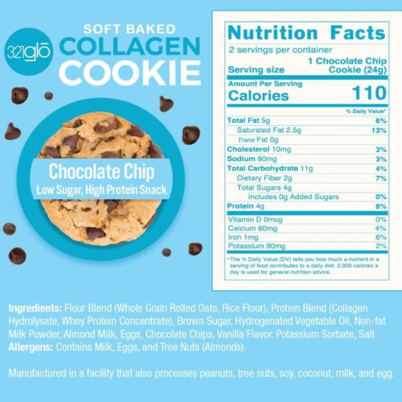 321glo Protein+ Cookie Box Chocolate Chip Nutrition Panel - SupplementSource.ca