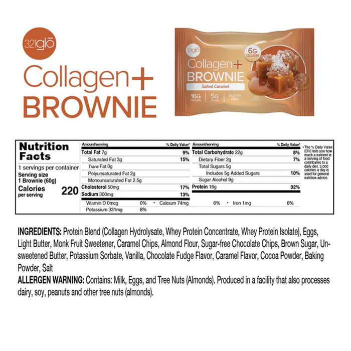 321glo Softbaked Collagen + Brownie Salted Caramel 12 Brownies Nutrition Panel - SupplementSource.ca