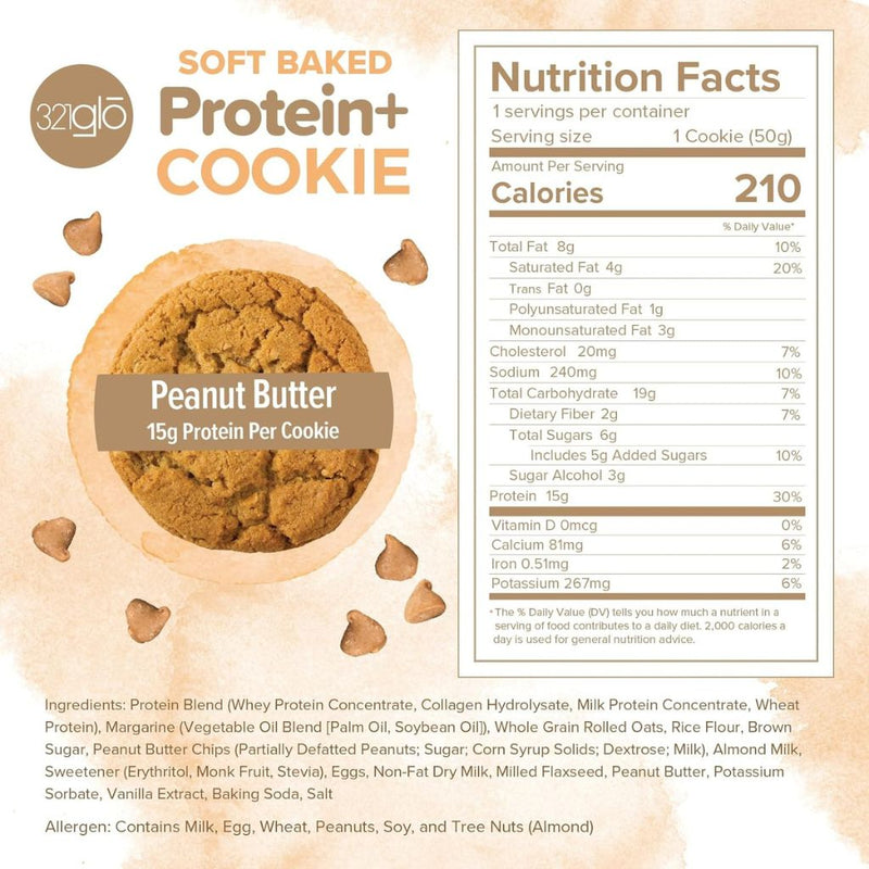 321glo Protein+ Cookie Box Peanut Butter Nutrition Panel - SupplementSource.ca