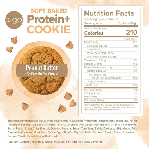 321glo Protein+ Cookie Box Peanut Butter Nutrition Panel - SupplementSource.ca