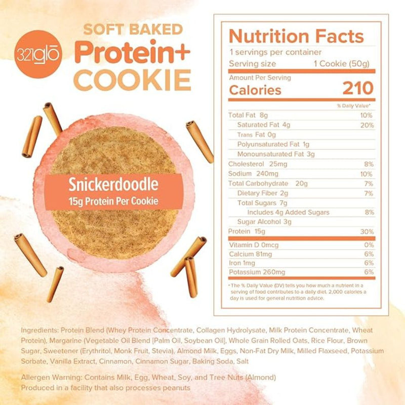 321glo Protein+ Cookie Box Snickerdoodle Nutrition Panel - SupplementSource.ca