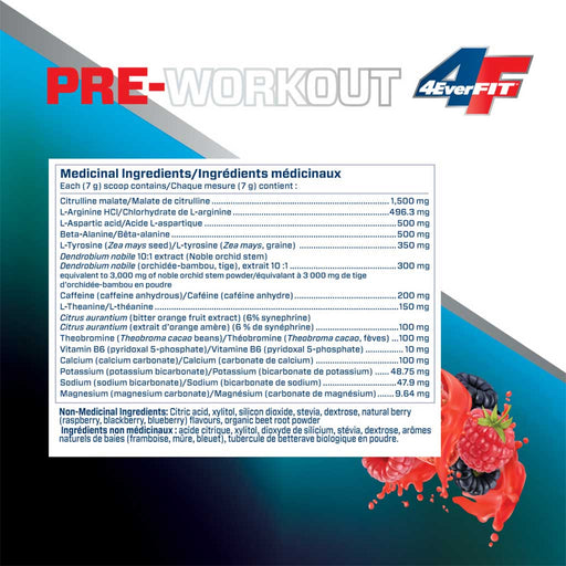 4Ever Fit Pre-Workout, 30 Servings Berry Delicious Blast Nutrition Panel - SupplementSource.ca