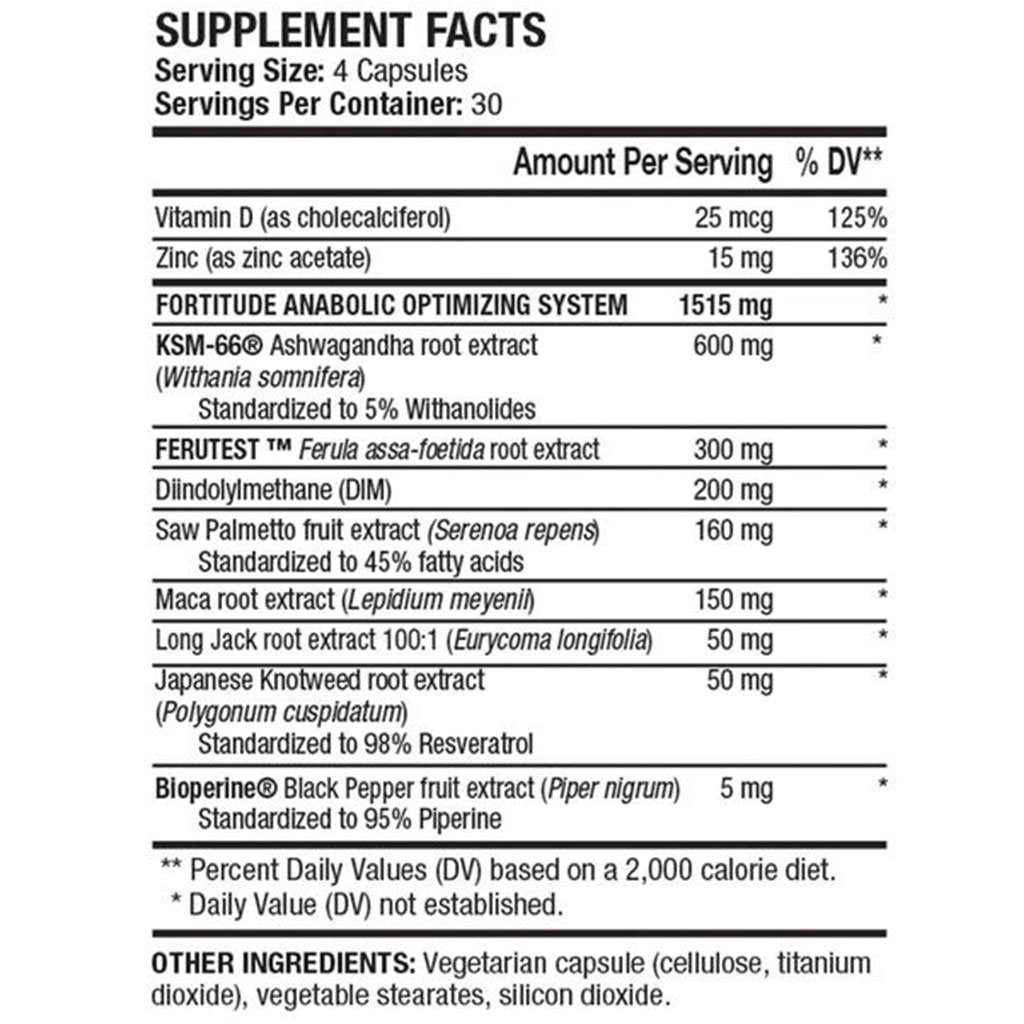 ANS Performance FORTITUDE (Test Booster), 120 Capsules Nutritional Panel - SupplementSourceca