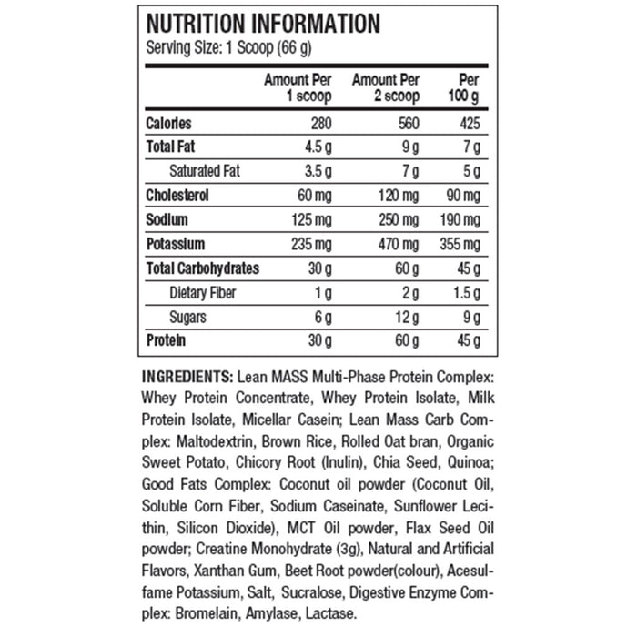 ANS Performance Lean Mass 5lb Strawberry Nutrition Panel - SupplementSource.ca