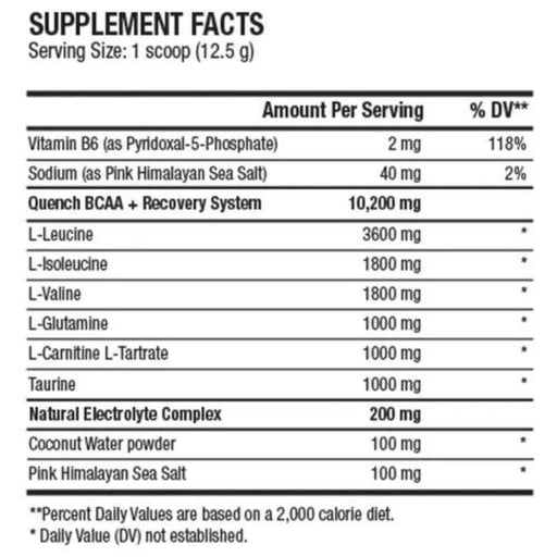 ANS Performance QUENCH BCAA, 100 Servings Nutritional Panel - SupplementSource.ca