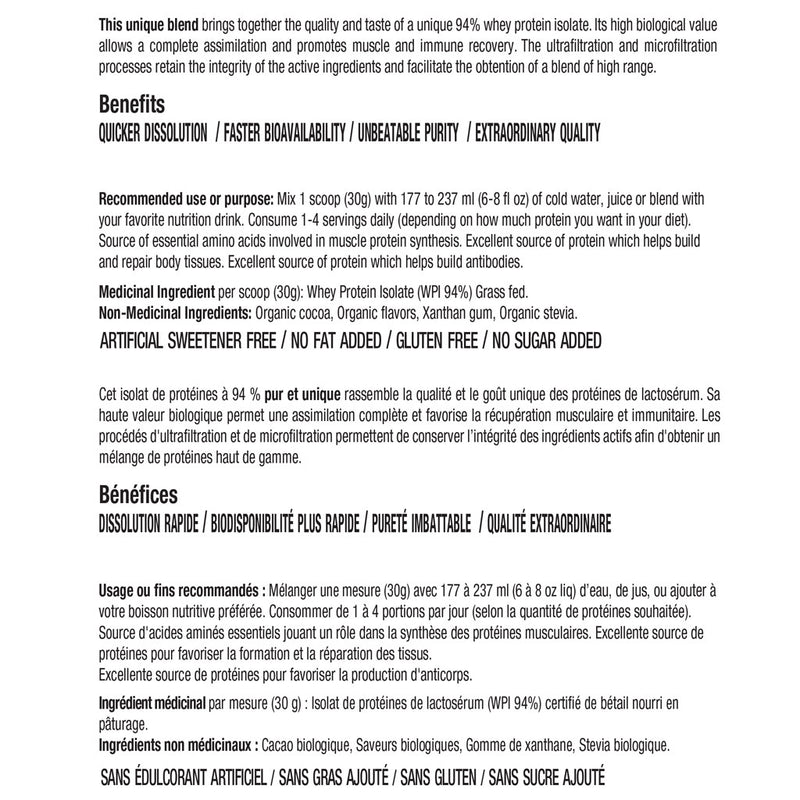 ATP Lab 100% Certified Whey Protein Isolate, 900g Organic Dark Chocolate Ingedient Panel - SupplementSource.ca