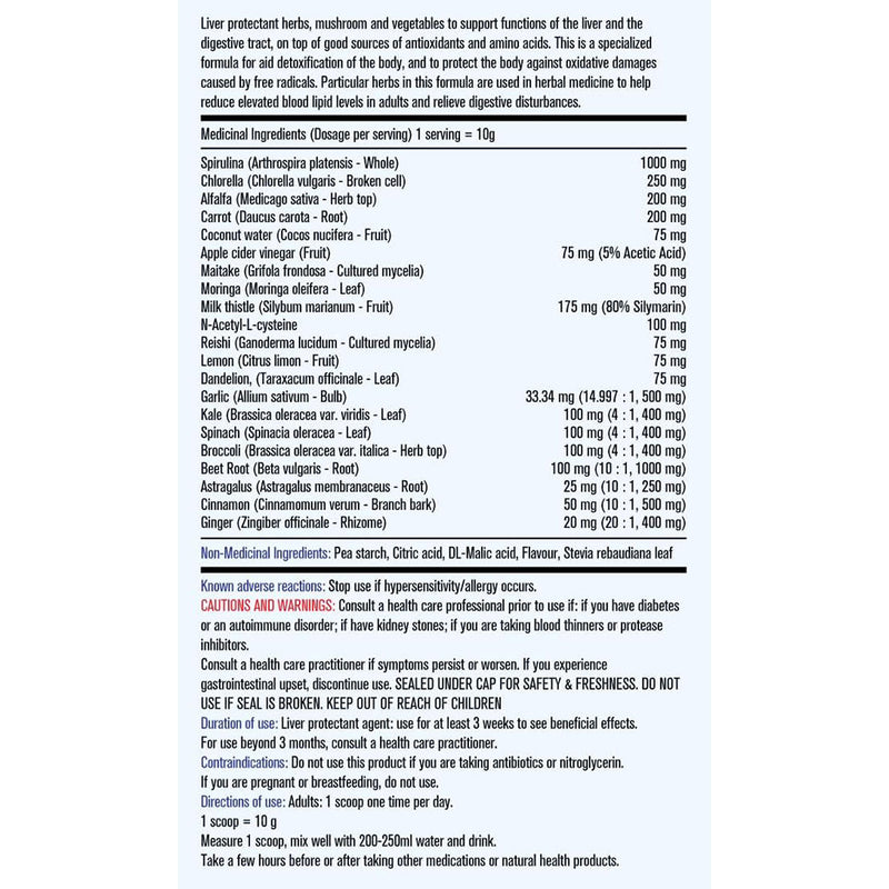 Active Green Pro Detox, 40 Servings Pineapple Nutrition Panel - SupplementSource.ca