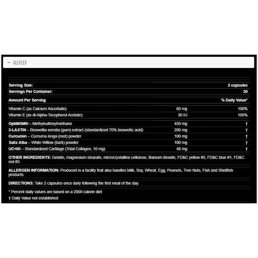 Allmax ALLFLEX RAPID JOINT RECOVERY, 60 Caps Nutritional Panel - SupplementSource.ca
