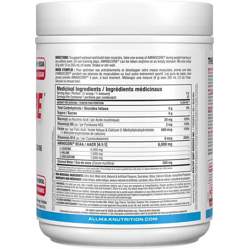 Allmax Aminocore BCAA. 30 Servings Blue Raspberry NEW FORMULA Nutrition Panel - SupplementSource.ca