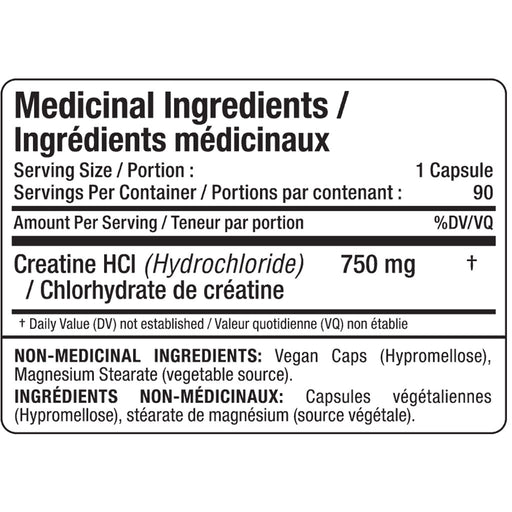 Allmax Creatine HCL, 90 VCaps Nutrition Panel - SupplementSource.ca