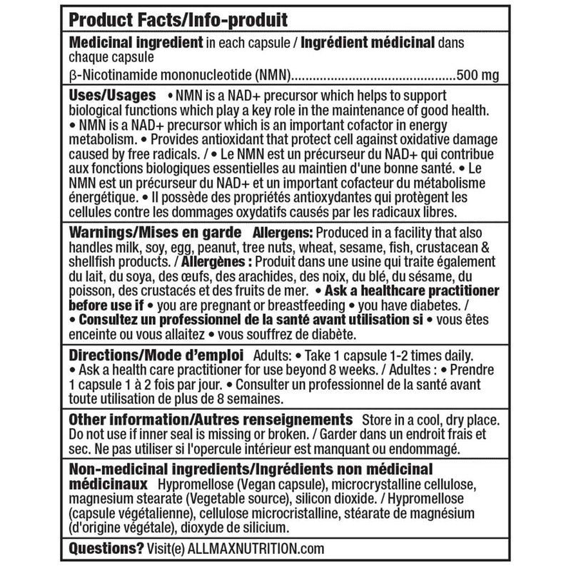 Allmax NMN, 60 VCaps Nutrition Panel - SupplementSource.ca
