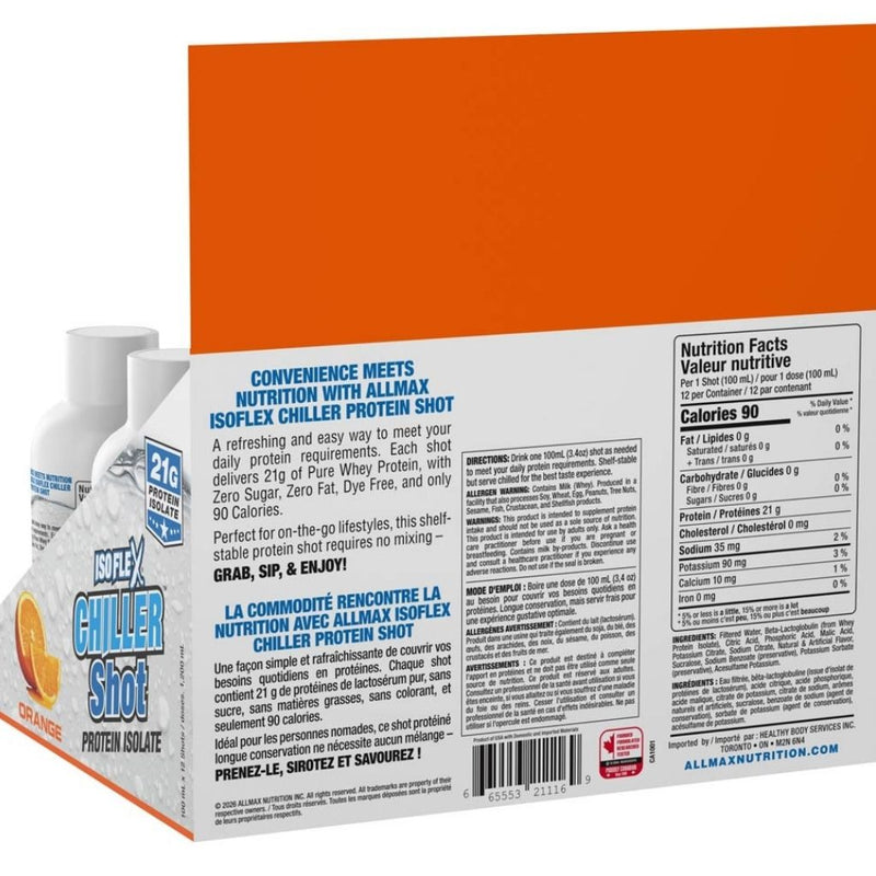 Allmax Isoflex Chiller Shot Nutrition Panel, Orange, 100ml x 12 Shots/Box - SupplementSource.ca