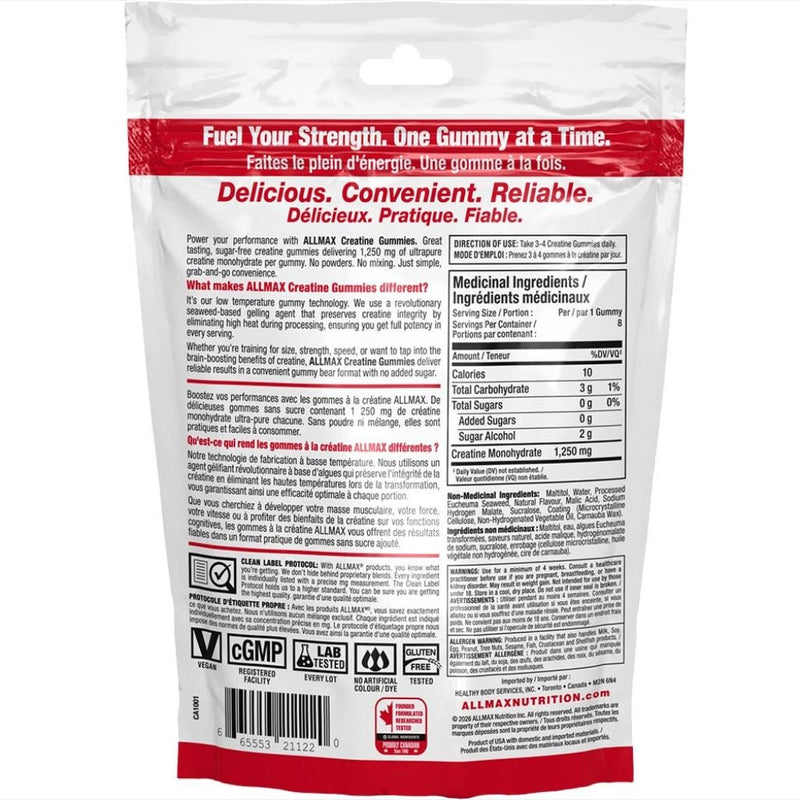 Allmax Creatine Gummies Travel Pack - 8 Gummies - Tropical Fruit Punch Nutrition Panel - SupplementSource.ca