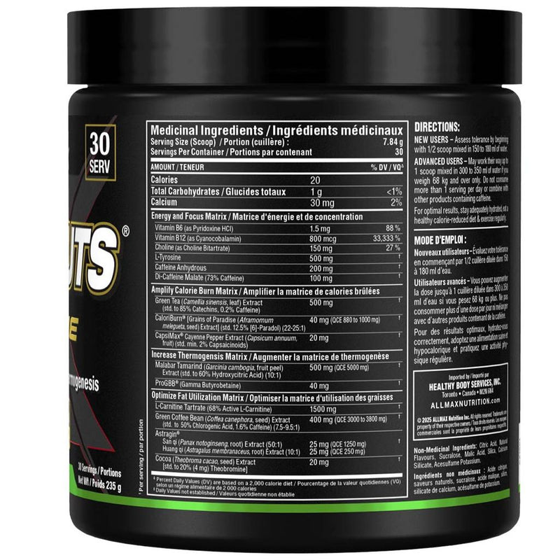 Allmax Rapidcuts Xtreme Lean Lemon Lime Nutrition Panel,  30 Servings - SupplementSource.ca