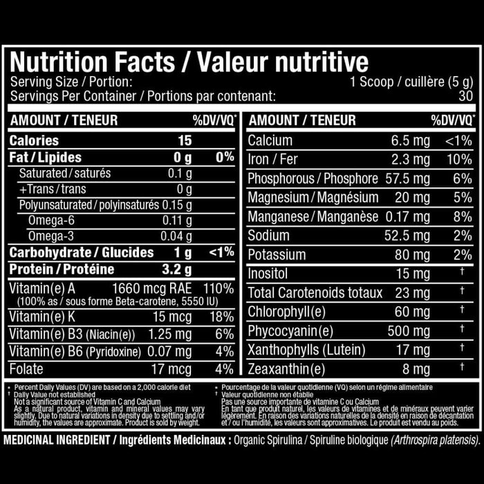 Allmax SPIRULINA, 30 Servings Nutritional Panel - SupplementSourceca