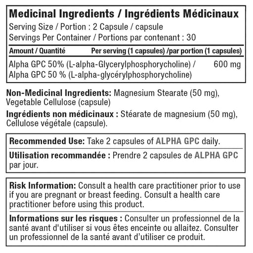 Alora Naturals Alpha GPC 60 VCaps Nutrition Panel - SupplementSource.ca