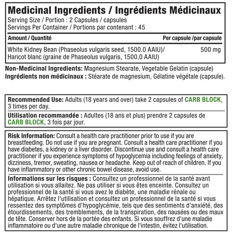 Alora Naturals Carb Block, 90 VCaps Nutrition Panel - SupplementSource.ca