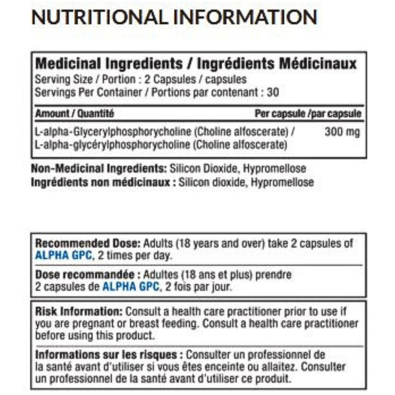 Alora Naturals Alpha GPC 60 VCaps Nutrition Panel - SupplementSource.ca