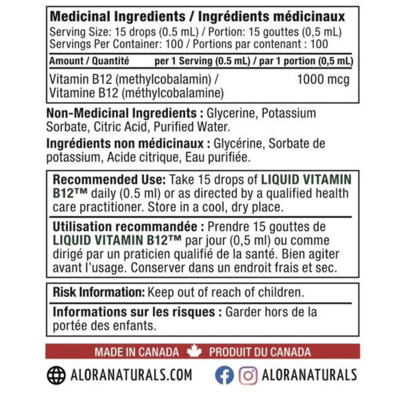 Alora Naturals Vitamin B12 1000 mcg Nutrition Panel, 50ml - SupplementSource.ca