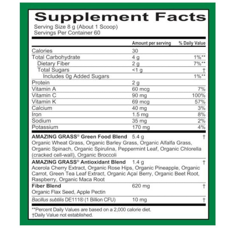 Amazing Grass Greens Blend Superfood Nutrition Panel, 60 Servings - SupplementSource.ca