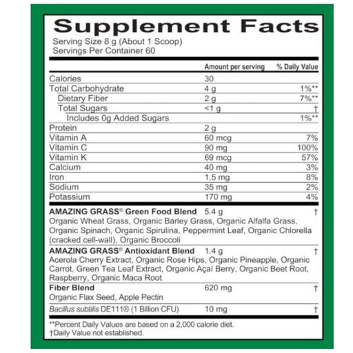 Amazing Grass Greens Blend Superfood Nutrition Panel, 60 Servings - SupplementSource.ca