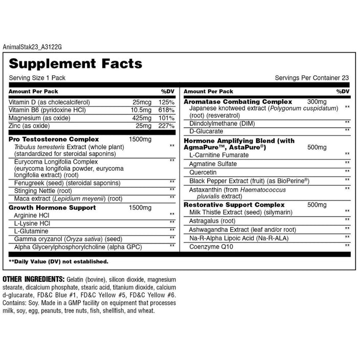 Animal Stak, 21 Servings Nutritional Panel - SupplementSource.ca