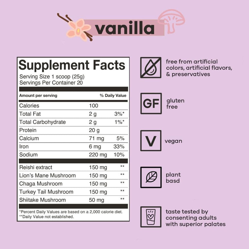 BASD Mind &amp; Body Protein, 20 Servings Creamy Vanilla Shake Nutrition Facts - SupplementSource.ca
