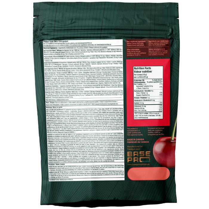 Base Pro Nutrition Pro Greens, 30 Servings Cherry Nutrition Panel - SupplementSource.ca