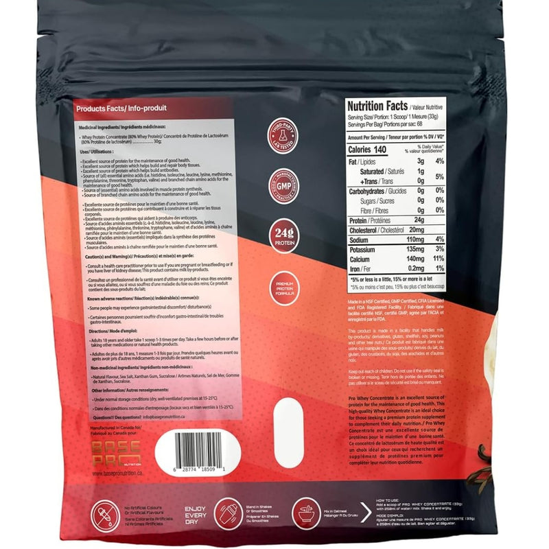 Base Pro Nutrition WHEY PROTEIN, 5lb Nutrition Panel - SupplementSource.ca