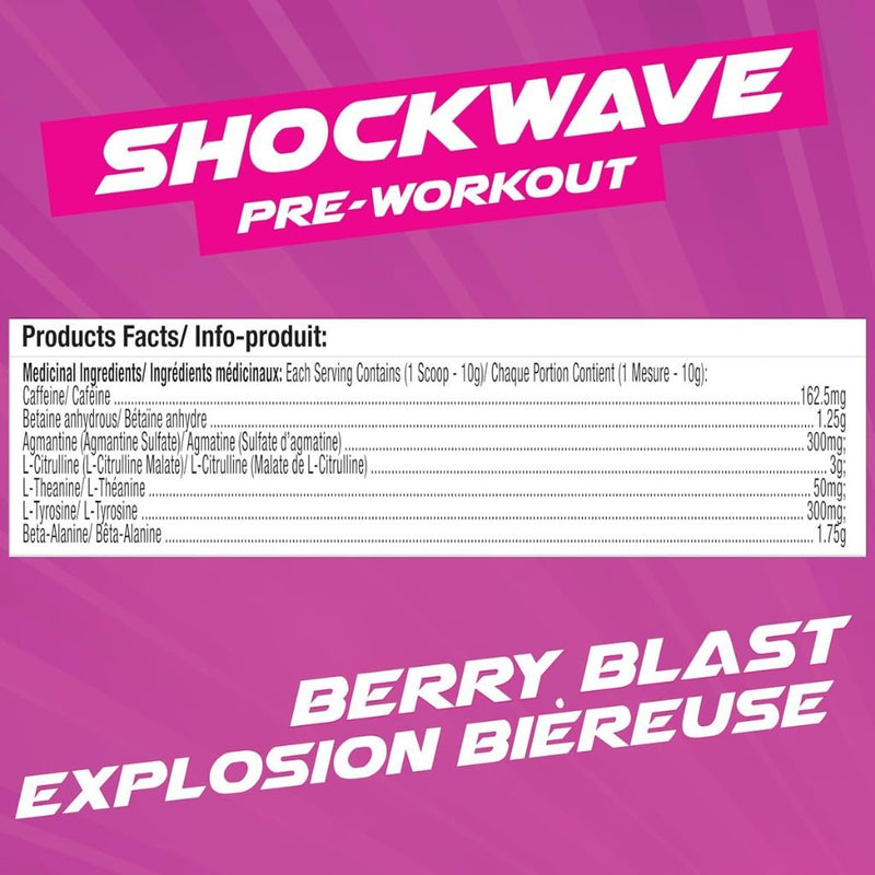 Base Pro Nutrition Shockwave Pre-Workout, 40 Servings Berry Blast Nutrition Facts  - SupplementSource.ca
