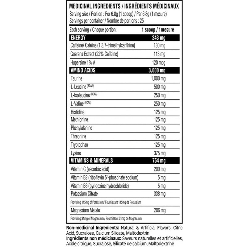 Believe Supplements Aminos + Energy 6, 25 Servings Tropical Orange Nutrition Panel - SupplementSource.ca