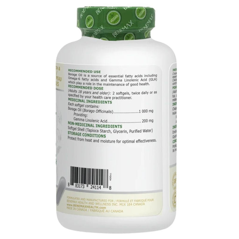 Benemax Health & Wellness Plant Based Borage Oil 120 Softgels Nutrition Facts - SupplementSource.ca