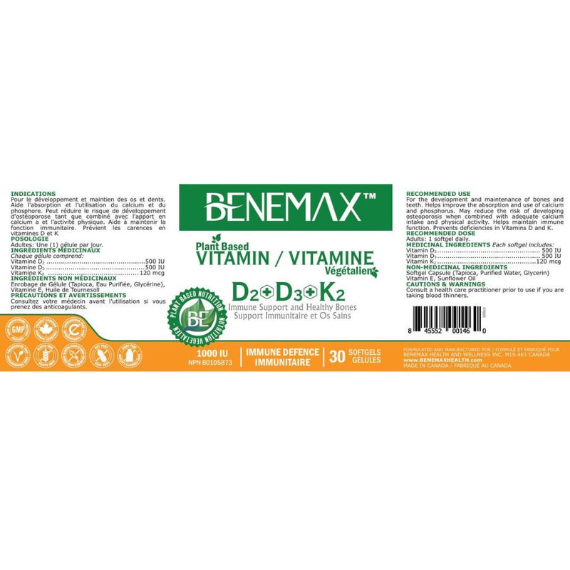 Benemax Vit D2 D3 and K2 Nut Panel, 30 softgels - SupplementSource.ca