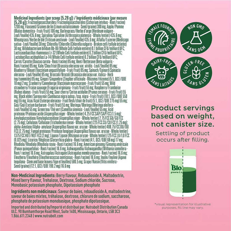 Bloom Nutrition Greens &amp; Superfoods, 25 Scoops Berry Nutrition Panel - SupplementSource.ca