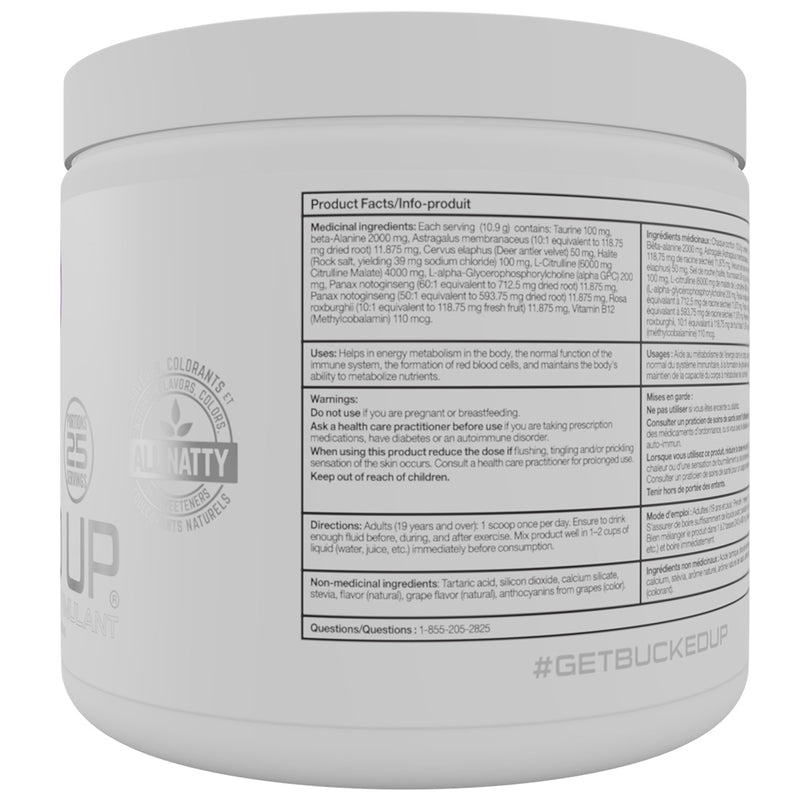 Bucked Up Bucked Up Stim-Free, 25 Servings Grape Nutriton Panel - SupplementSource.ca