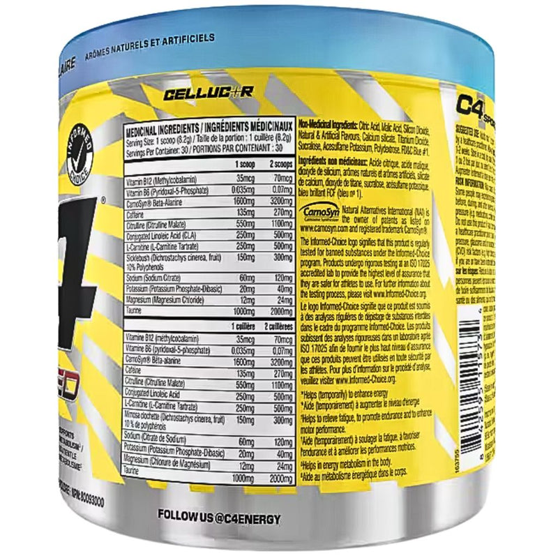 Cellucor C4 Ripped Sport 30 Servings Artic Snow Cone Nutrition Facts - SupplementSource.ca