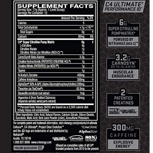 Cellucor C4 Ultimate, 12 Servings Nutrition Panel - SupplementSource.ca