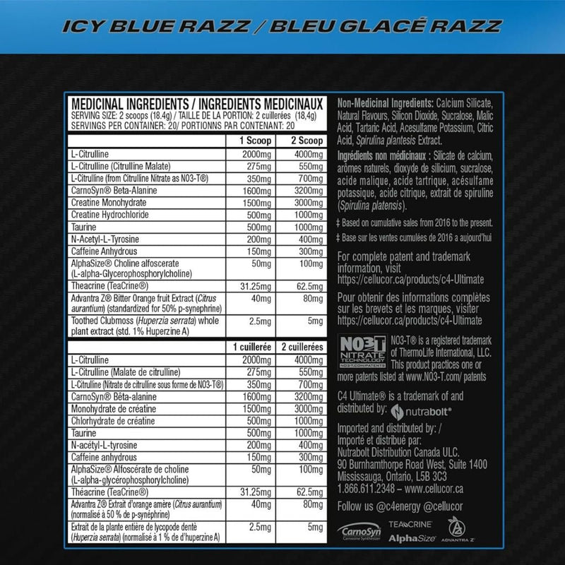 Cellucor C4 Ultimate, 20 Servings Icy Blue Razz Nutrition Panel - SupplementSource.ca