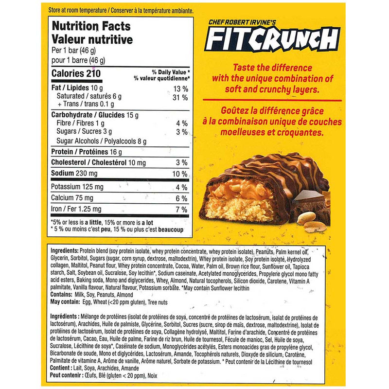 Chef Robert Irvine's FitCrunch, 18 Bars/Box Nutrition Panel - SupplementSource.ca