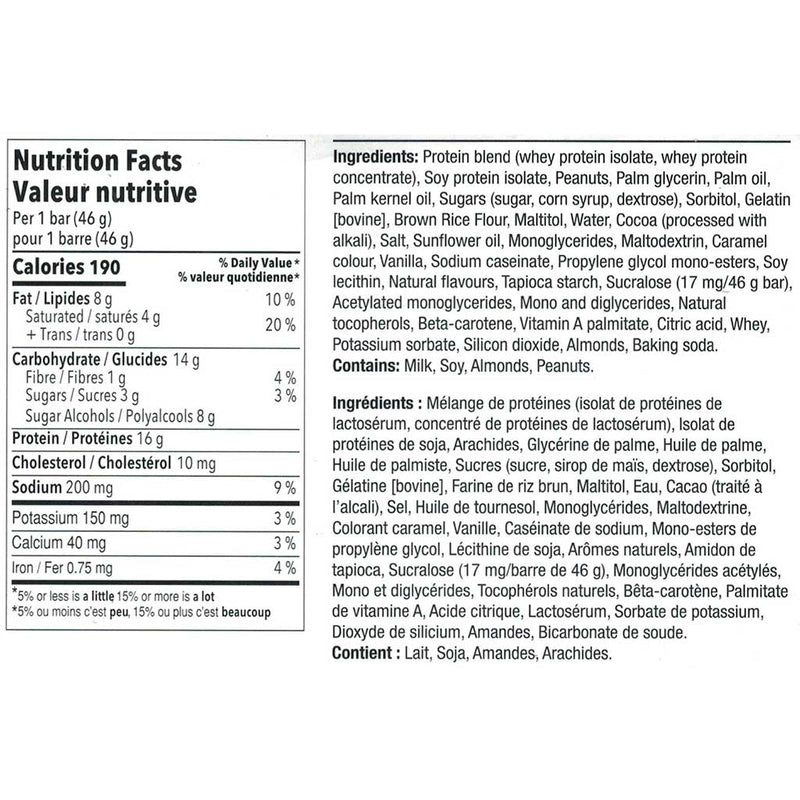 Chef Robert Irvine’s Protein Bar, 46g per Bar Chocolate Peanut Butter Nutrition Panel - SupplementSource.ca
