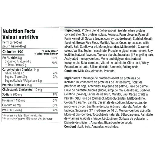 Chef Robert Irvine’s Protein Bar, 46g per Bar Chocolate Peanut Butter Nutrition Panel - SupplementSource.ca