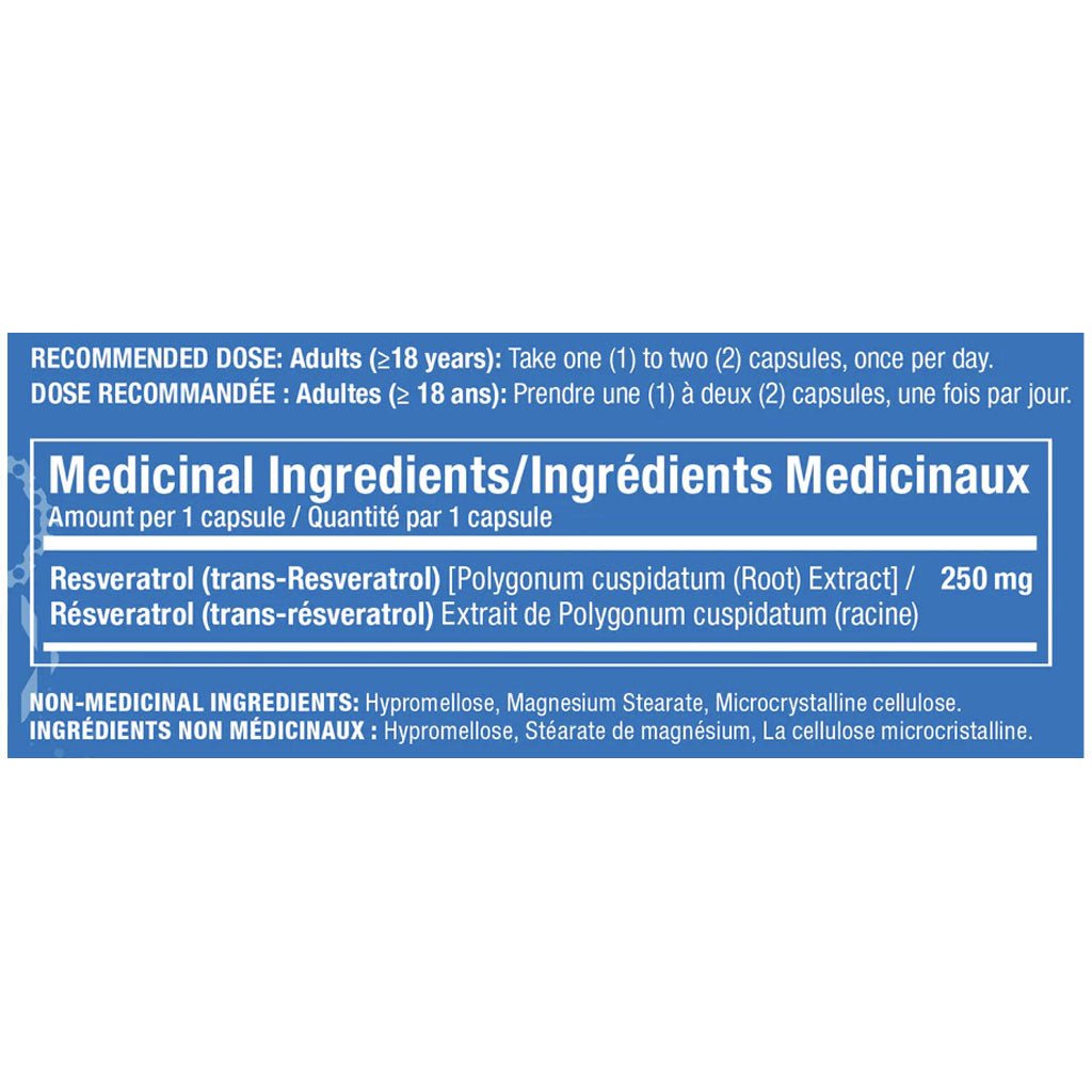 Confident Health Resveratrol 250mg, 90 VCaps Nutrition Panel - SupplementSource.ca